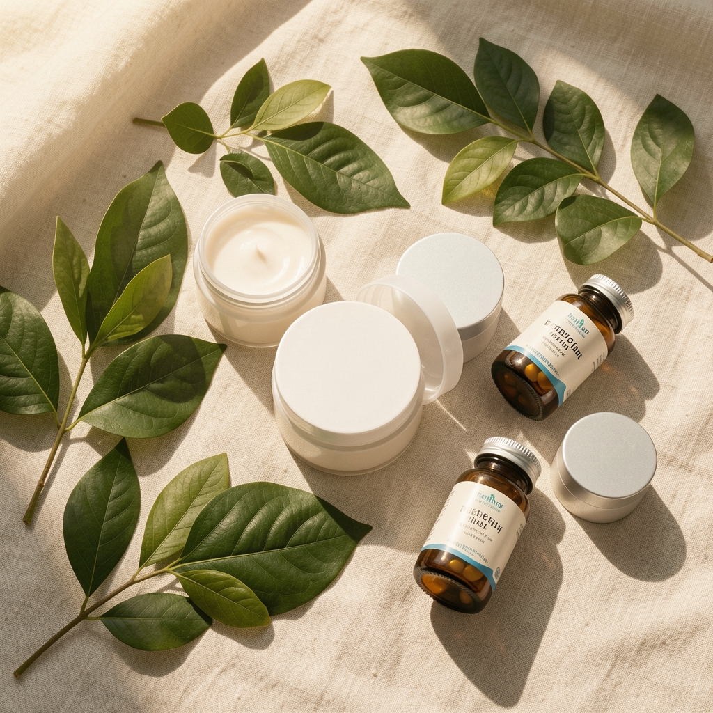 Elegant flat lay arrangement of body cream jars, botanical leaves, and supplement bottles on a warm cream linen surface in morning light