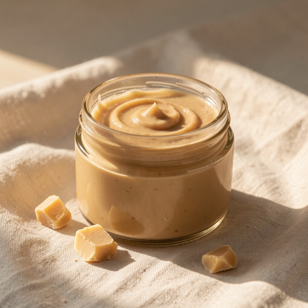 Glass jar of rich body cream with shea butter on a pale linen surface, warm morning light, editorial still life composition