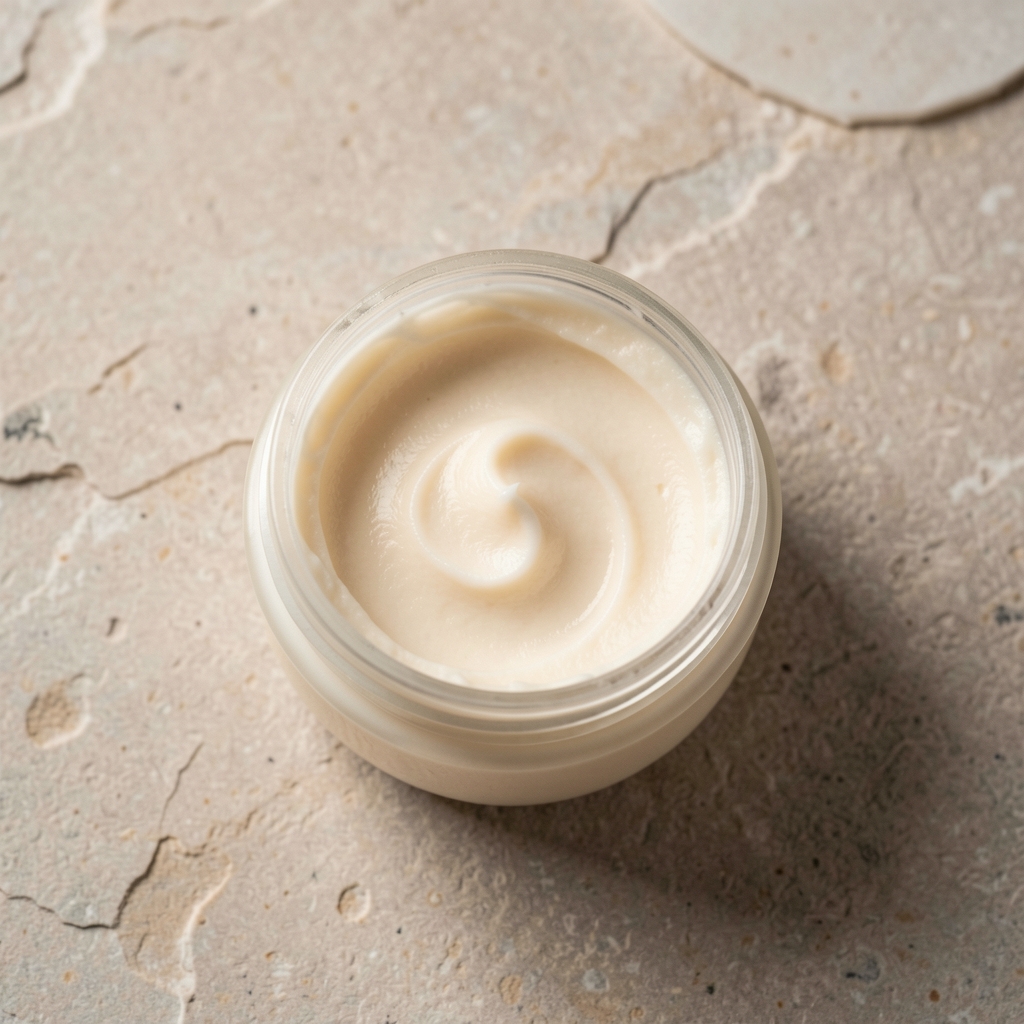 Open body butter jar with pale ivory texture visible against neutral stone background, overhead editorial photography
