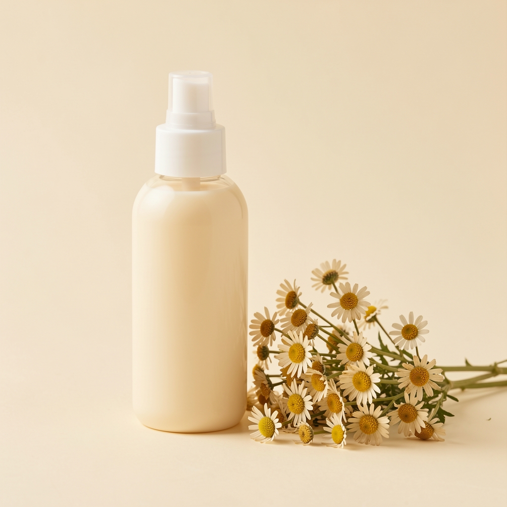 Pale almond lotion bottle placed beside a sprig of dried chamomile on a warm cream background, minimal studio photography