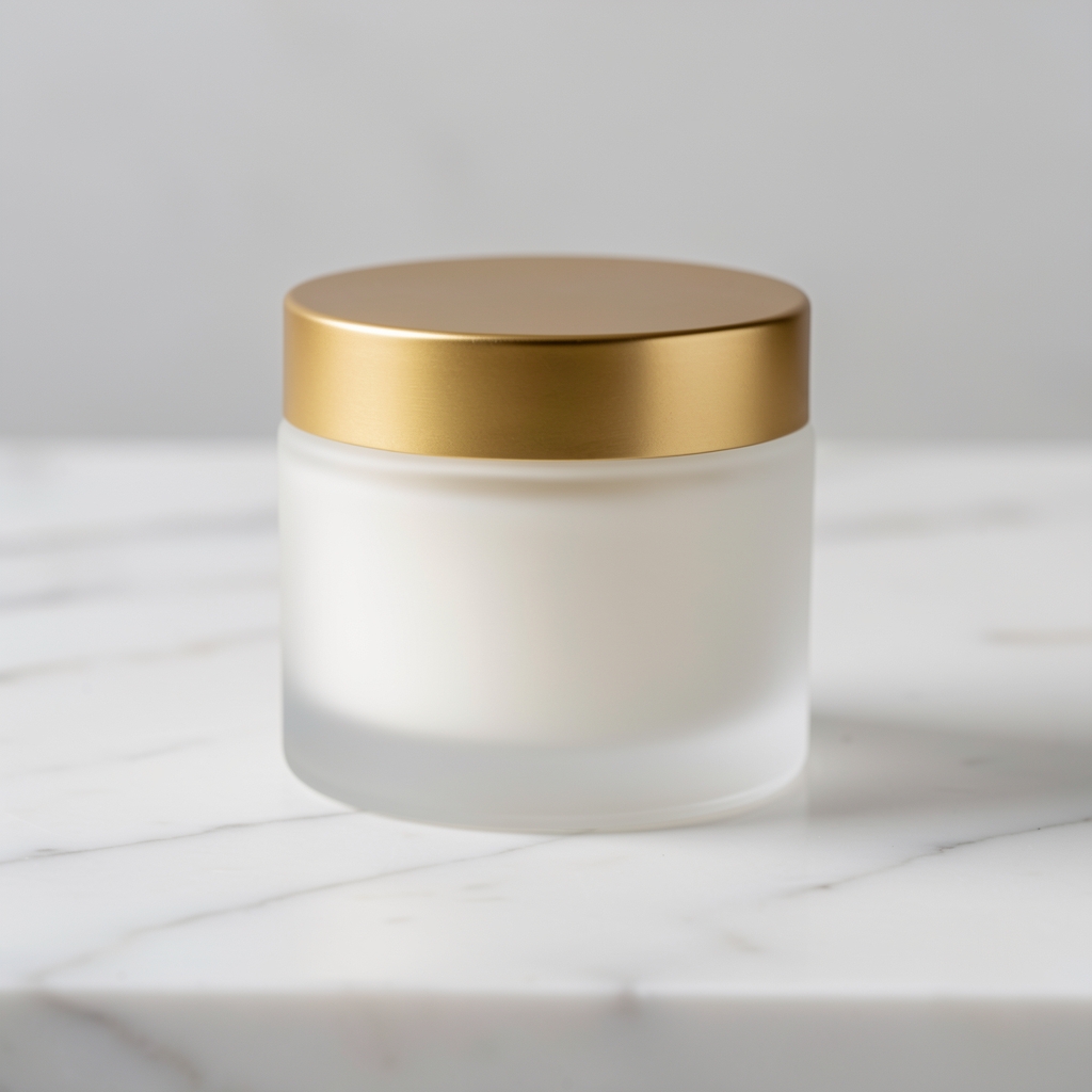 Frosted glass body balm jar with gold lid placed on white marble counter in a well-lit studio, editorial close-up composition