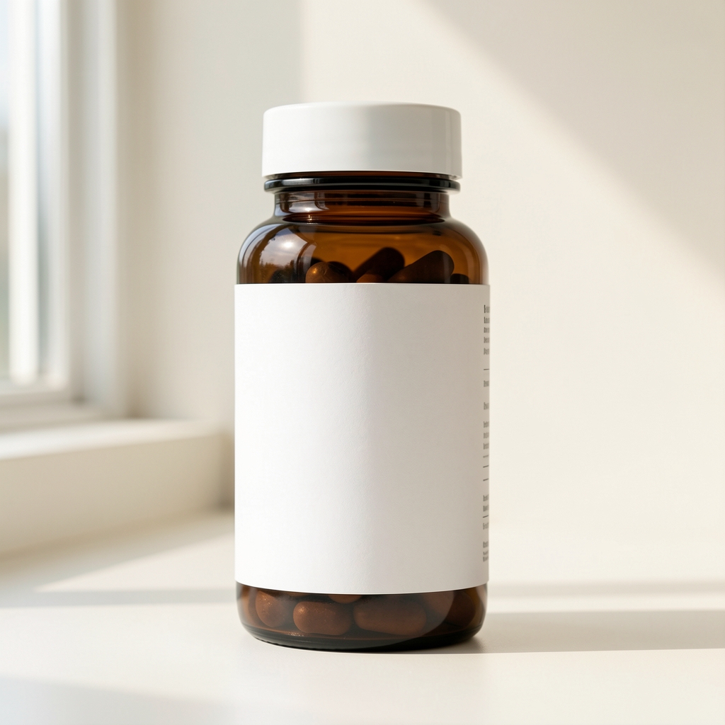 Dark amber vitamin bottle with clean label on off-white background, natural daylight coming from window, editorial product photography
